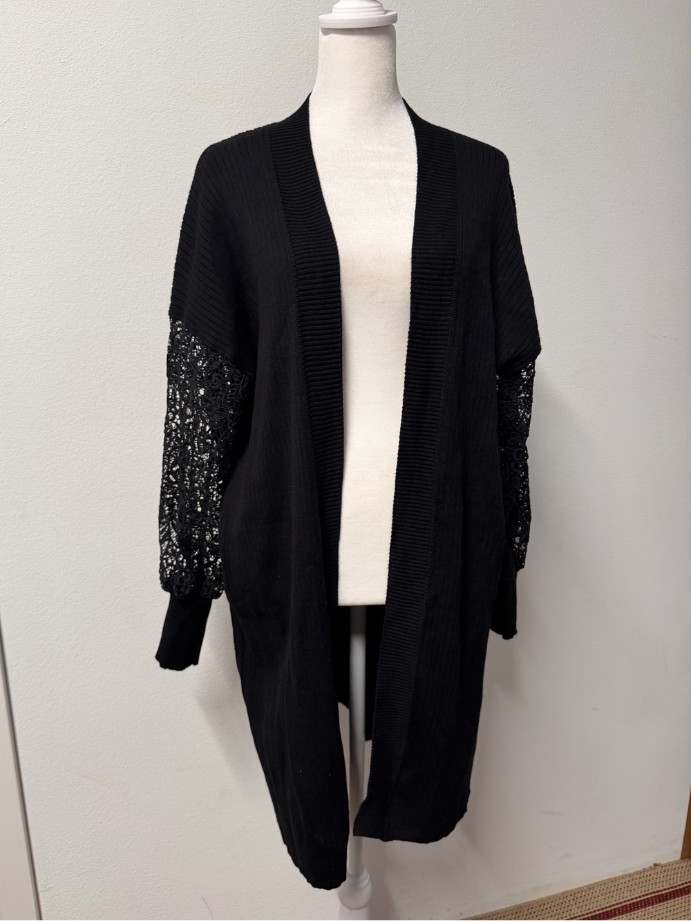 Cocobleu Black Long Cardigan with Lace Sleeves Size Large